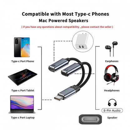USB-C Type-C Male to 8P Female Audio DAC AUX Music 16bit 48kHz & 100W PD Power Cable for Laptop Tablet Phone
