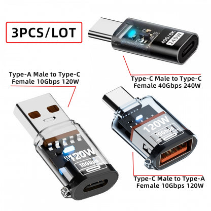 3pcs/lot Type-C Smart LED USB-C to USB3.2 Type-A Adapter OTG 10Gbps 40Gbps 120W 240W Data Fast Charging Tester Detector