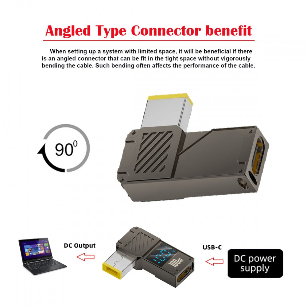 Type-C USB-C Input to Rectangular Jack Smart LED Display 100W Output Power 20V 5A PD Charge 65W Adapter for Thinkpad X1 Legion Y7000P Laptop