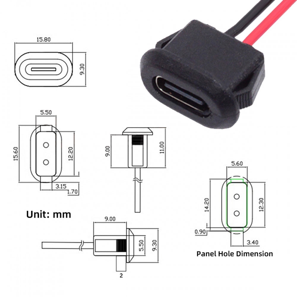 2pcs/set DIY OEM Type-C USB-C Female Socket to 2Pin Open Cable Latch Mount Type DC 5V Power