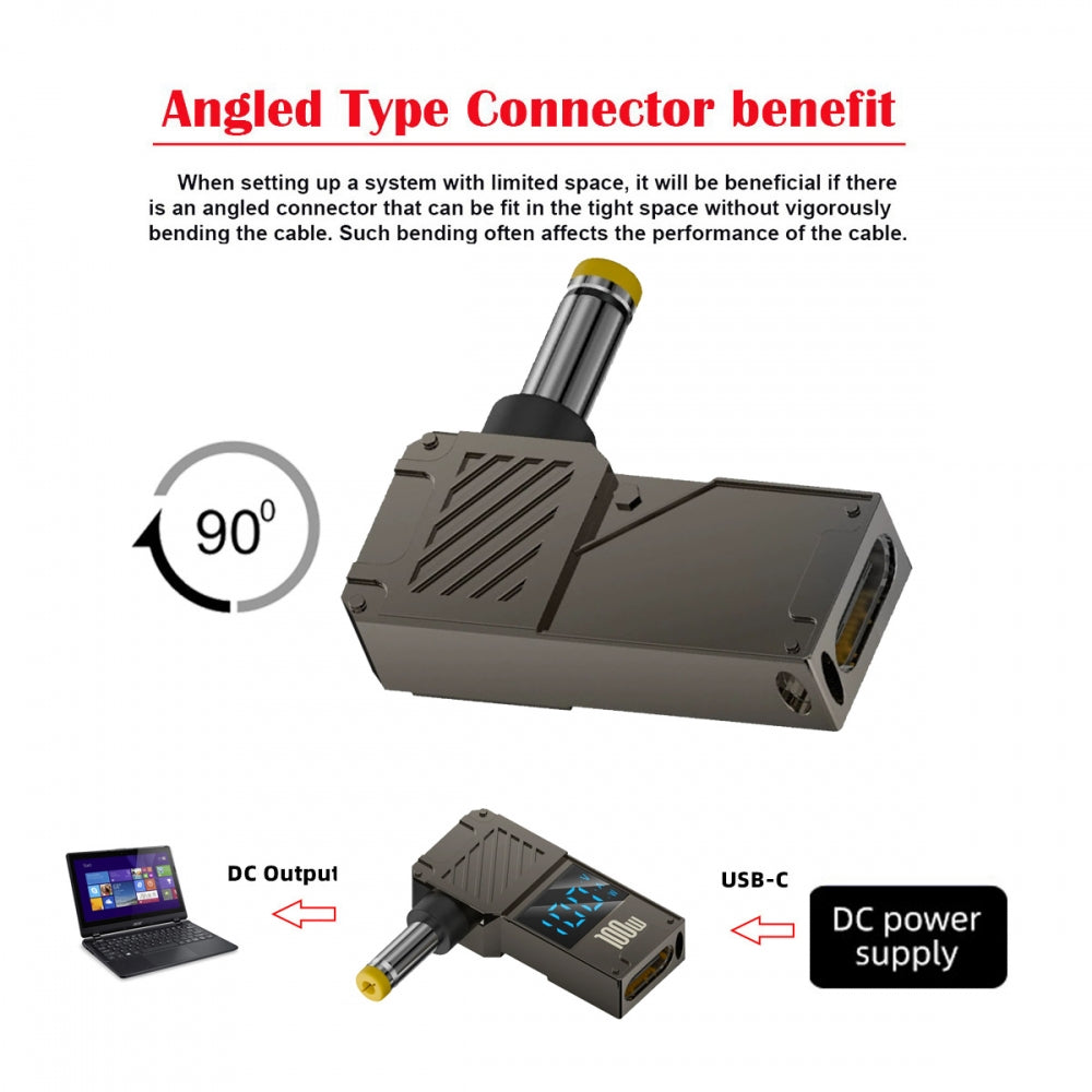 Type-C USB-C Input to DC 5.5x2.5mm Jack Smart LED Display 100W Output Power 20V 5A PD Charge 65W Adapter for Laptop