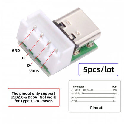 5pcs/set DIY OEM Type C Female Socket Connector to 4Pin Pitch=2.54mm Wafer Socket Vertical USB2.0 Pinout DC 5V Power