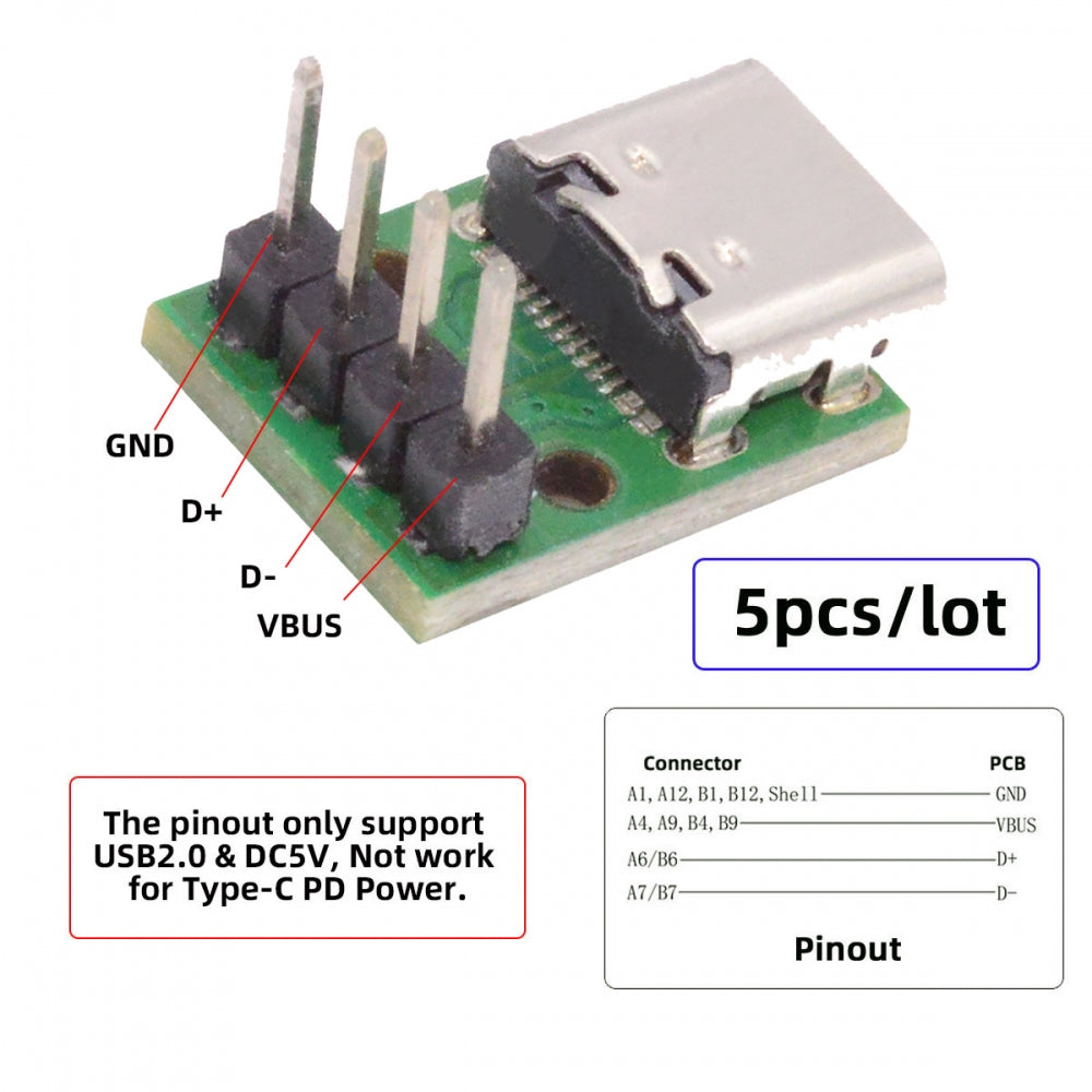 5pcs/set DIY OEM Type C Female Socket Connector to 4Pin Pitch=2.54mm Contact Header Vertical USB2.0 Pinout DC 5V Power