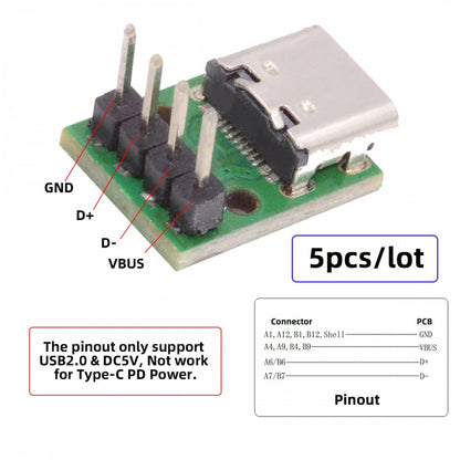 5pcs/set DIY OEM Type C Female Socket Connector to 4Pin Pitch=2.54mm Contact Header Vertical USB2.0 Pinout DC 5V Power
