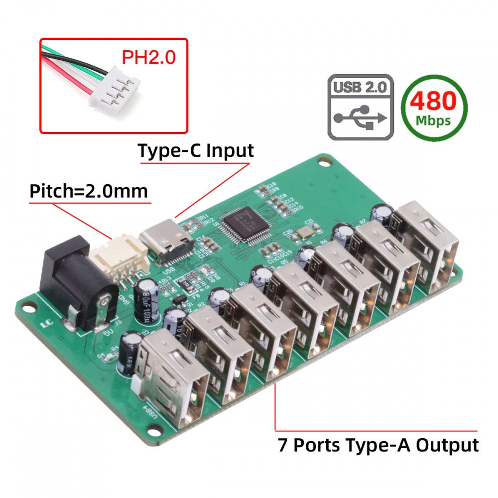 USB2.0 Type-C & 4Pin Pitch=2.0mm Wafer 1-to-7 Ports Type-A HUB PCBA PCs 4 Devices for Keyboard Mouse Scanner Printer
