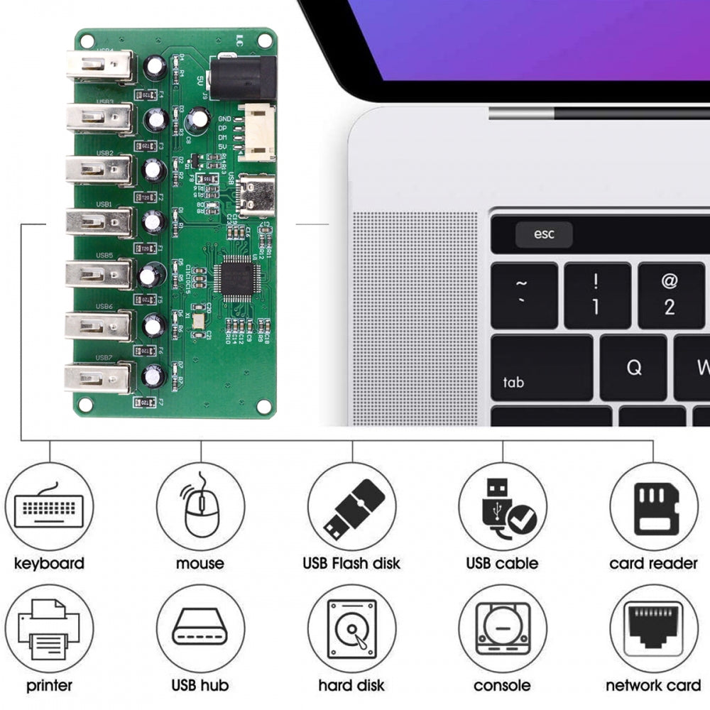 USB2.0 Type-C & 4Pin Pitch=2.0mm Wafer 1-to-7 Ports Type-A HUB PCBA PCs 4 Devices for Keyboard Mouse Scanner Printer