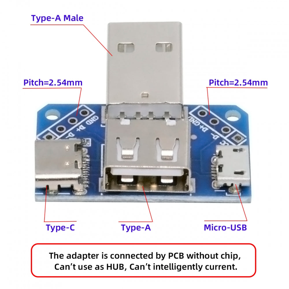 USB2.0 1-to-3 Power Type-A Male To Female Type-A & Micro USB & USB-C Type-C Adapter PCBA