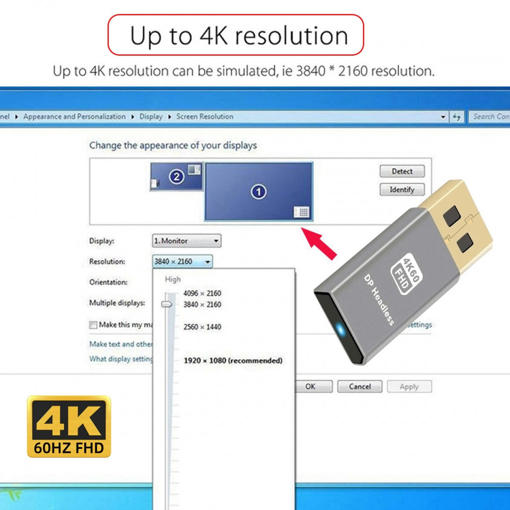 4K@60Hz DP Virtual Display Displayport Active Adapter Dummy Plug Headless Ghost Emulator 1080p@120Hz