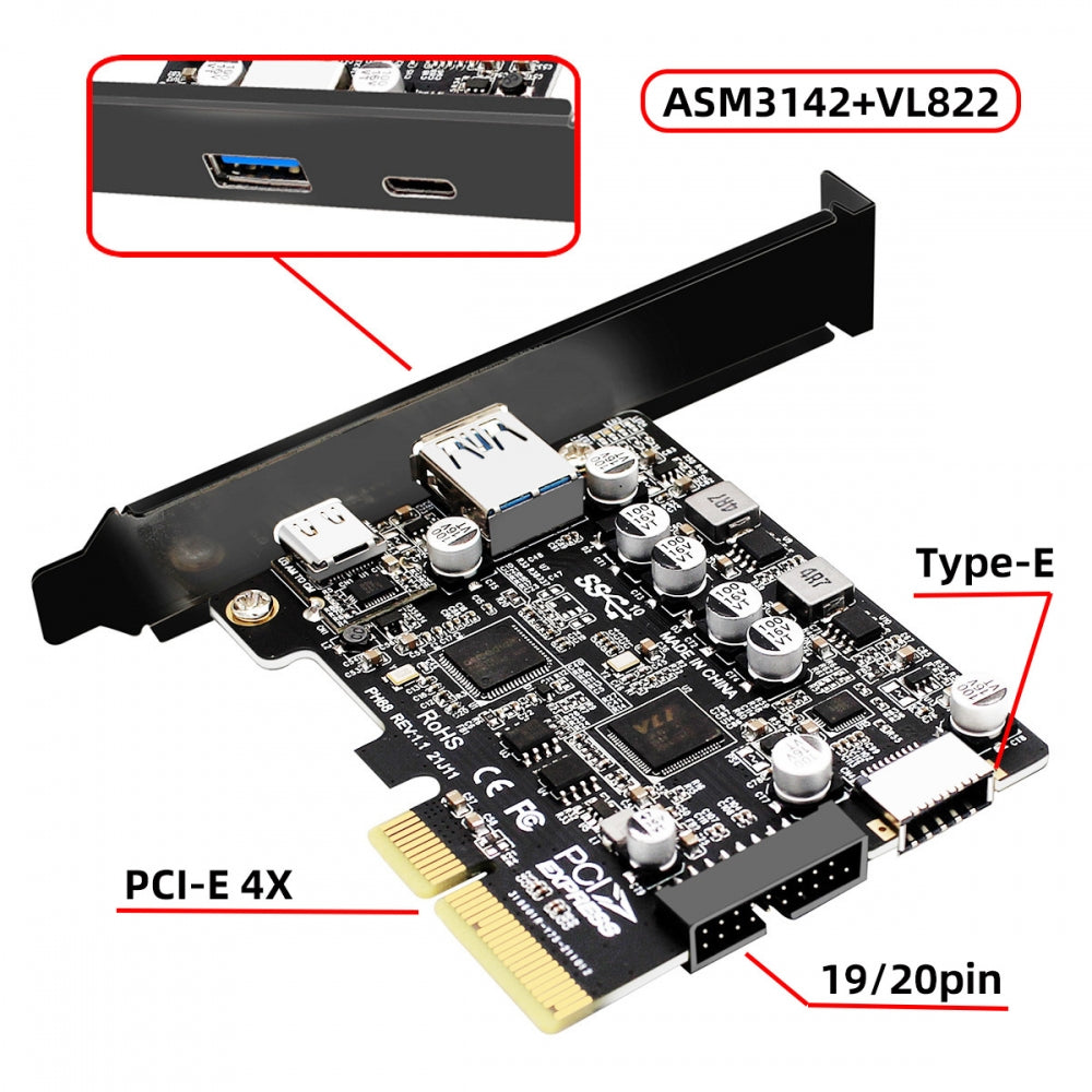 10Gbps Type-E USB 3.1 Front Socket & USB3.0 19Pin/20Pin & Type-A USB-C to PCI-E Express Card Adapter ASM3142 VL822