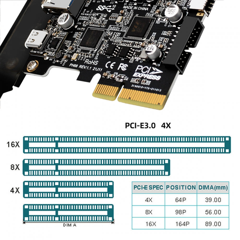 10Gbps Type-E USB 3.1 Front Socket & USB3.0 19Pin/20Pin & Type-A USB-C to PCI-E Express Card Adapter ASM3142 VL822
