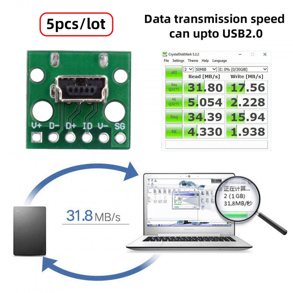 5pcs/set DIY OEM USB2.0 Mini-B Female Receptacle Socket Connector Vertical with PCB Mounting Assembly Solder Type 480Mbps