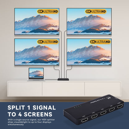 HDMI Splitter 8K 60hz Ultra-HD Converter Compatible 2.1 Switch 1-IN-4-OUT 48Gbps UHD Hub Support HDCP SST Extended 4K@120hz 3.5mm Audio