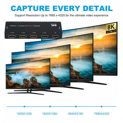 HDMI Splitter 8K 60hz Ultra-HD Converter Compatible 2.1 Switch 1-IN-4-OUT 48Gbps UHD Hub Support HDCP SST Extended 4K@120hz 3.5mm Audio