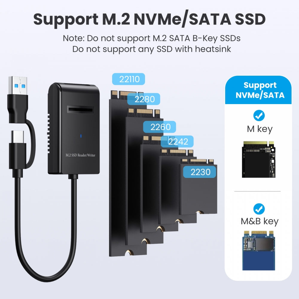 USB 3.0 USB-C Type-C Type-A to NVME M-key M.2 NGFF SATA SSD Docking Horizontal External Cable Enclosure RTL9210B Chipset