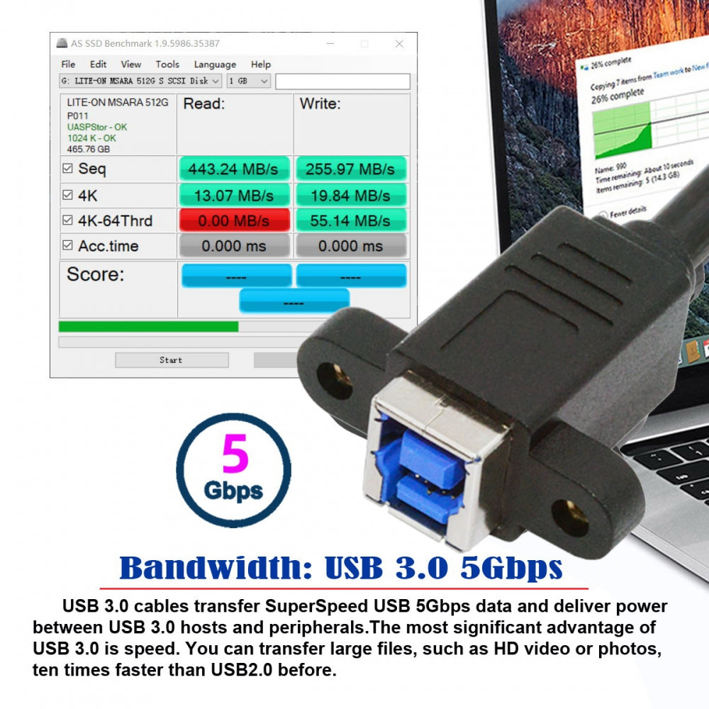 USB 3.0 Type-B Female to USB3.0 Type-B Male Cable Extension 5Gbps for Disk SSD Camera Data 30cm