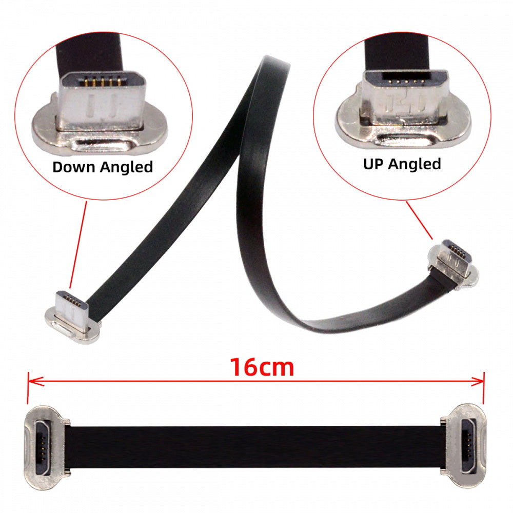 Micro USB2.0 Male to Micro USB Male 5Pin Ultra Slim Flat Data Charge Cable 16cm Down to Up Angle 90 Degree Connector