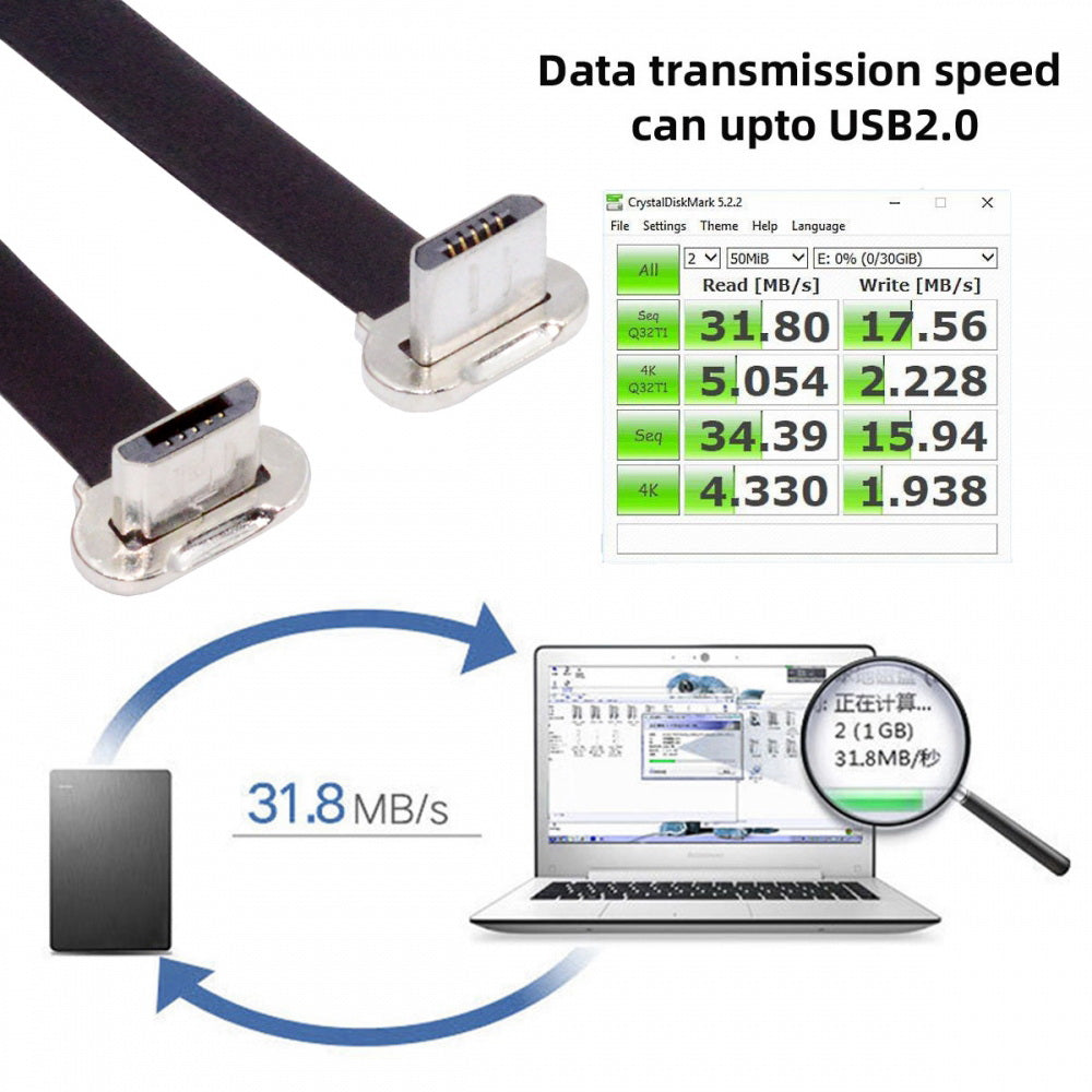 Micro USB2.0 Male to Micro USB Male 5Pin Ultra Slim Flat Data Charge Cable 16cm Down to Up Angle 90 Degree Connector