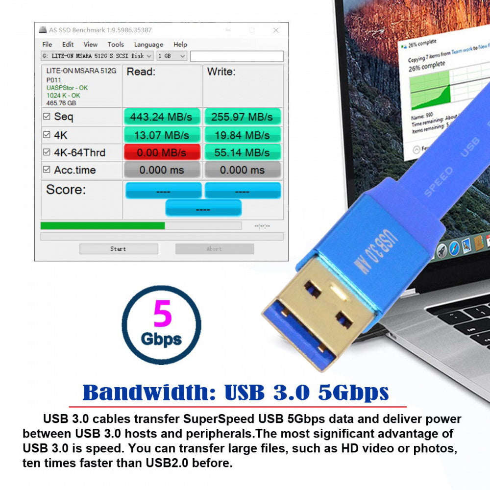 Ultra Flat Slim USB 3.0 Type-A Male to USB3.0 A Male Cable Extension Blue 5Gbps for Disk SSD Camera Data
