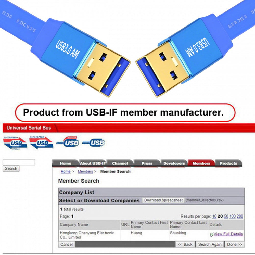 Ultra Flat Slim USB 3.0 Type-A Male to USB3.0 A Male Cable Extension Blue 5Gbps for Disk SSD Camera Data
