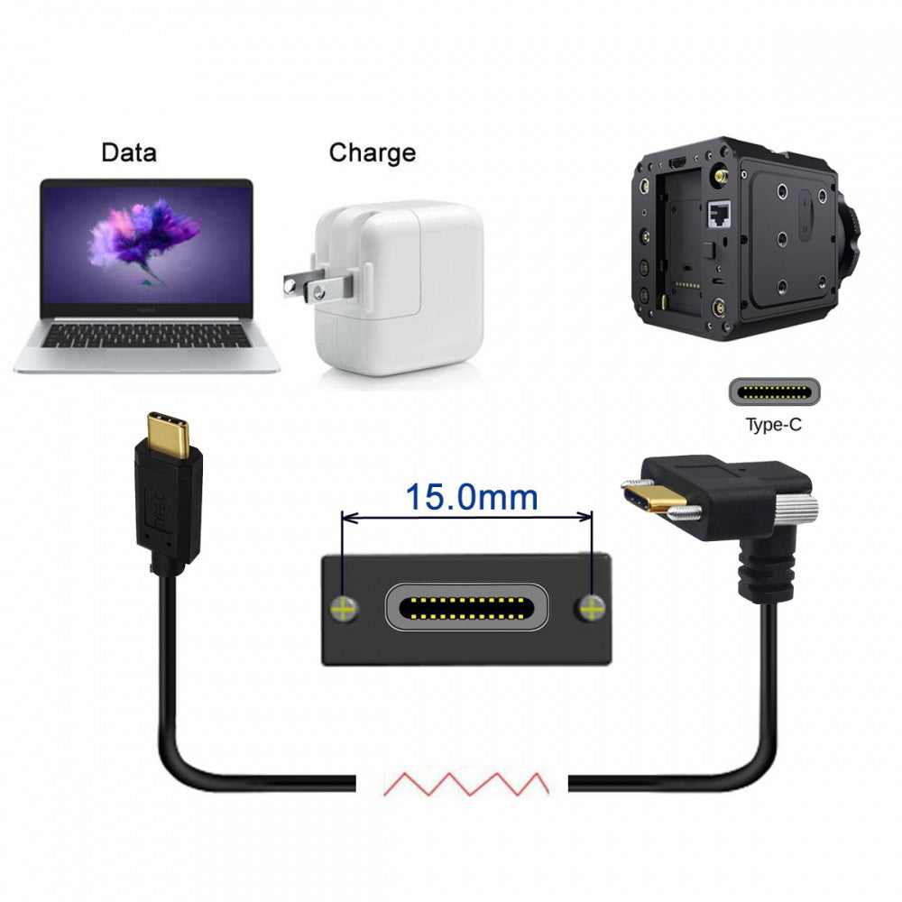 USB3.1 Type-C Male to Dual Thumbscrew Locking USB-C Vertical 90 Degree Up Down Angled 10Gbps Data Cable Panel Mount Type
