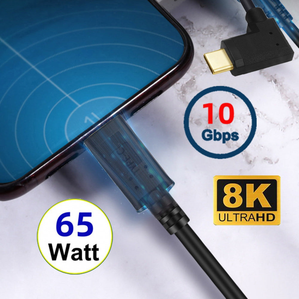 USB3.1 Type-C Male to USB-C Horizontal 90 Degree Left Right Angled 10Gbps Data Cable 65W