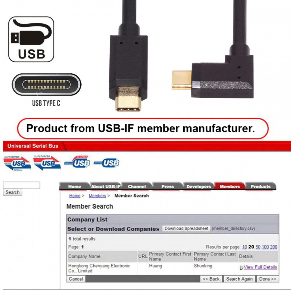 USB3.1 Type-C Male to USB-C Horizontal 90 Degree Left Right Angled 10Gbps Data Cable 65W