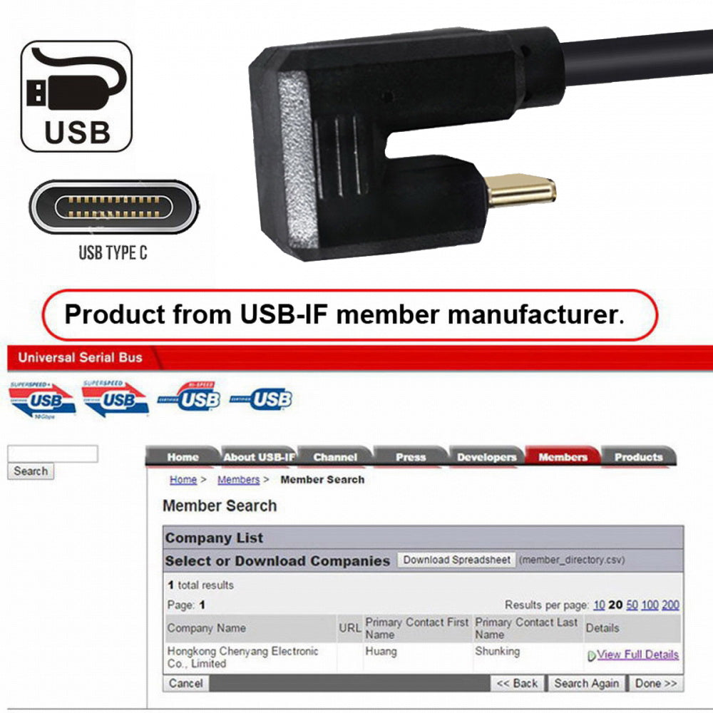 USB3.1 Type-C Male to USB-C 360 Degree Opposite Back Angled 10Gbps Data 4K Cable 65W