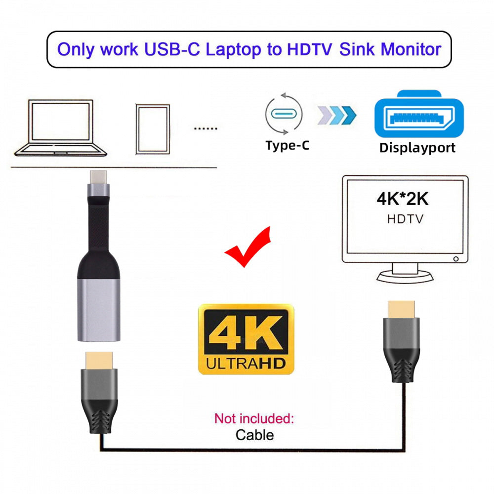 USB-C Type-C Source to Displayport 4K 60hz Sink HDTV Adapter Ultra Slim Flat Cable 1080p for Laptop Tablet Phone