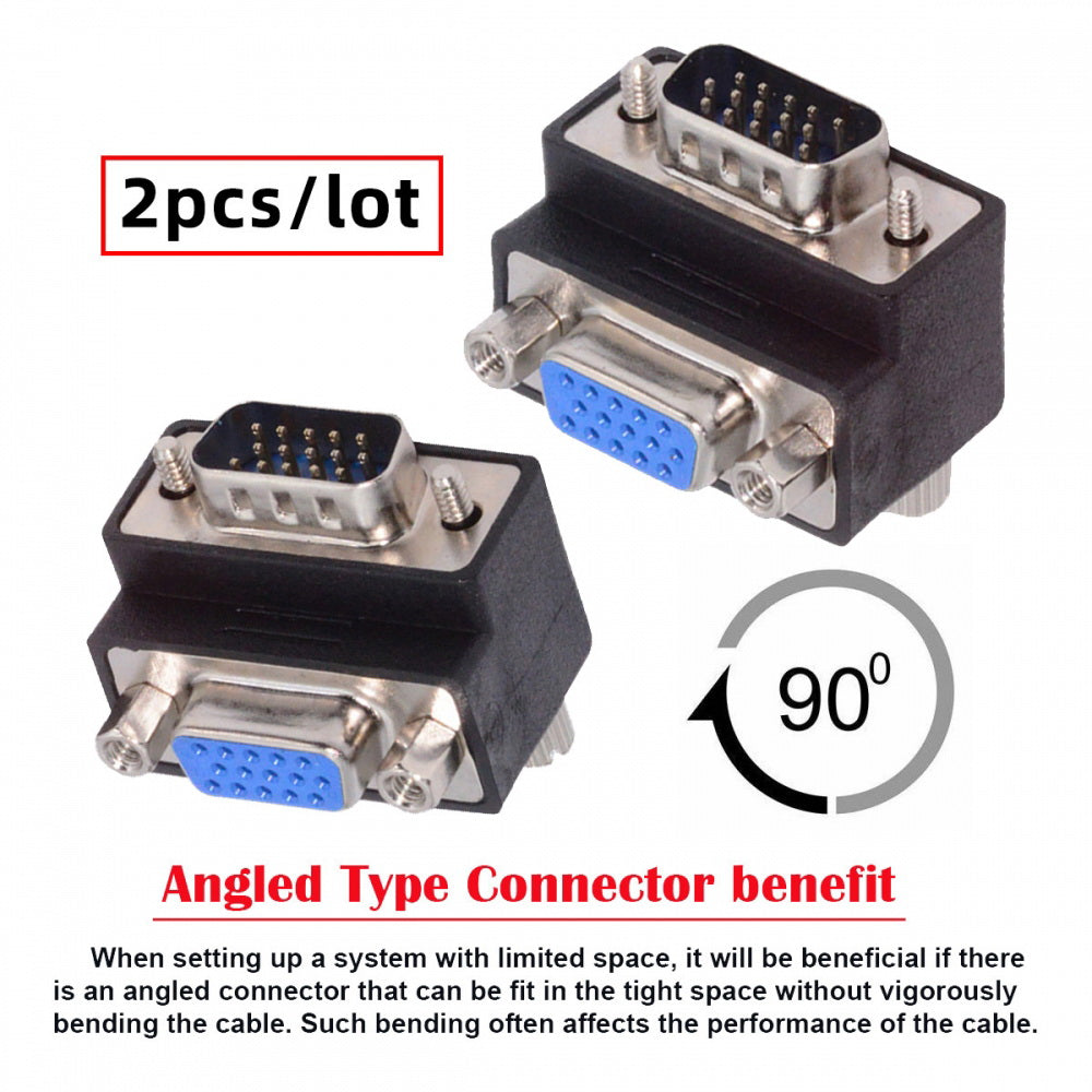 2pcs/lot Up & Down Angled 90 Degree VGA RGB HDB15Pin Screw Type Male to Female Nut Type Extension Adapter for Monitor Displays