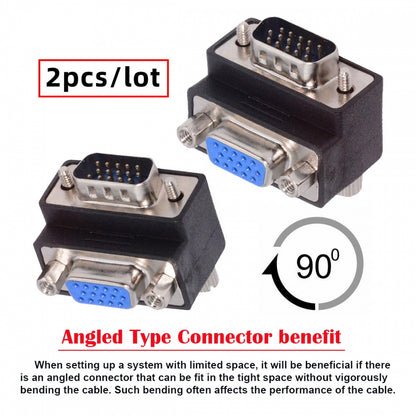 2pcs/lot Up & Down Angled 90 Degree VGA RGB HDB15Pin Screw Type Male to Female Nut Type Extension Adapter for Monitor Displays