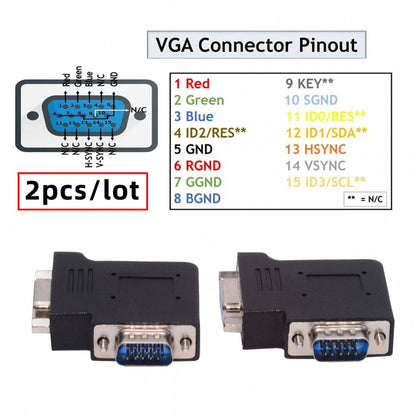 2pcs/lot Left & Right Angled 90 Degree VGA RGB HDB15Pin Screw Type Male to Female Nut Type Extension Adapter for Monitor Displays
