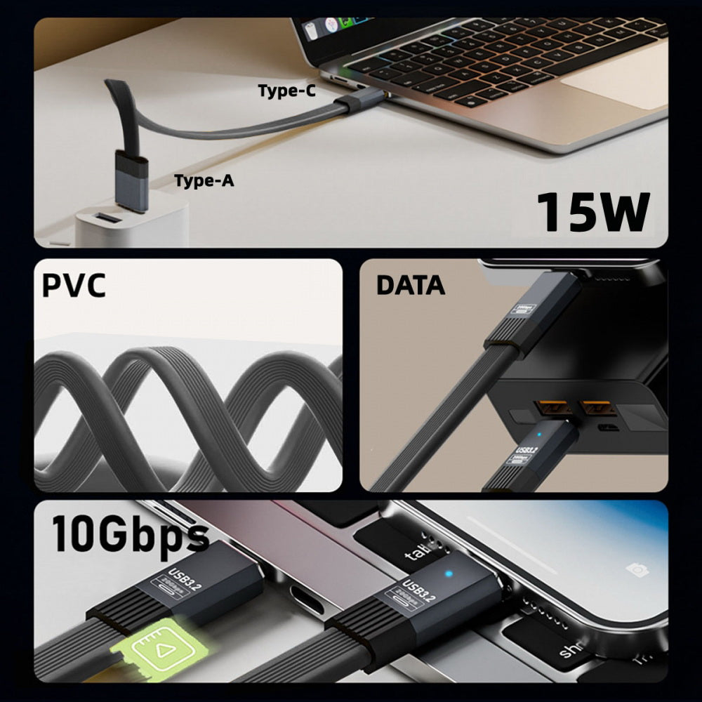 USB3.1 Type-A Male to Type-C Male 10Gbps Flat Slim FPC USB-C Data Power Cable 5V3A for Laptop Phone Disk