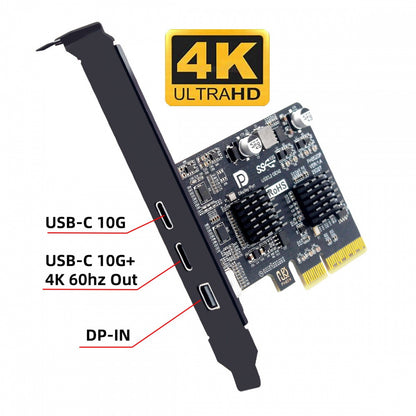 PCI-E Express 4x & Mini Displayport 1.4 Input to Dual 10Gbps USB 3.1 Type-C USB-C & 4K 60hz Output Desktop Graphics Expansion Card Adapter ASM3142