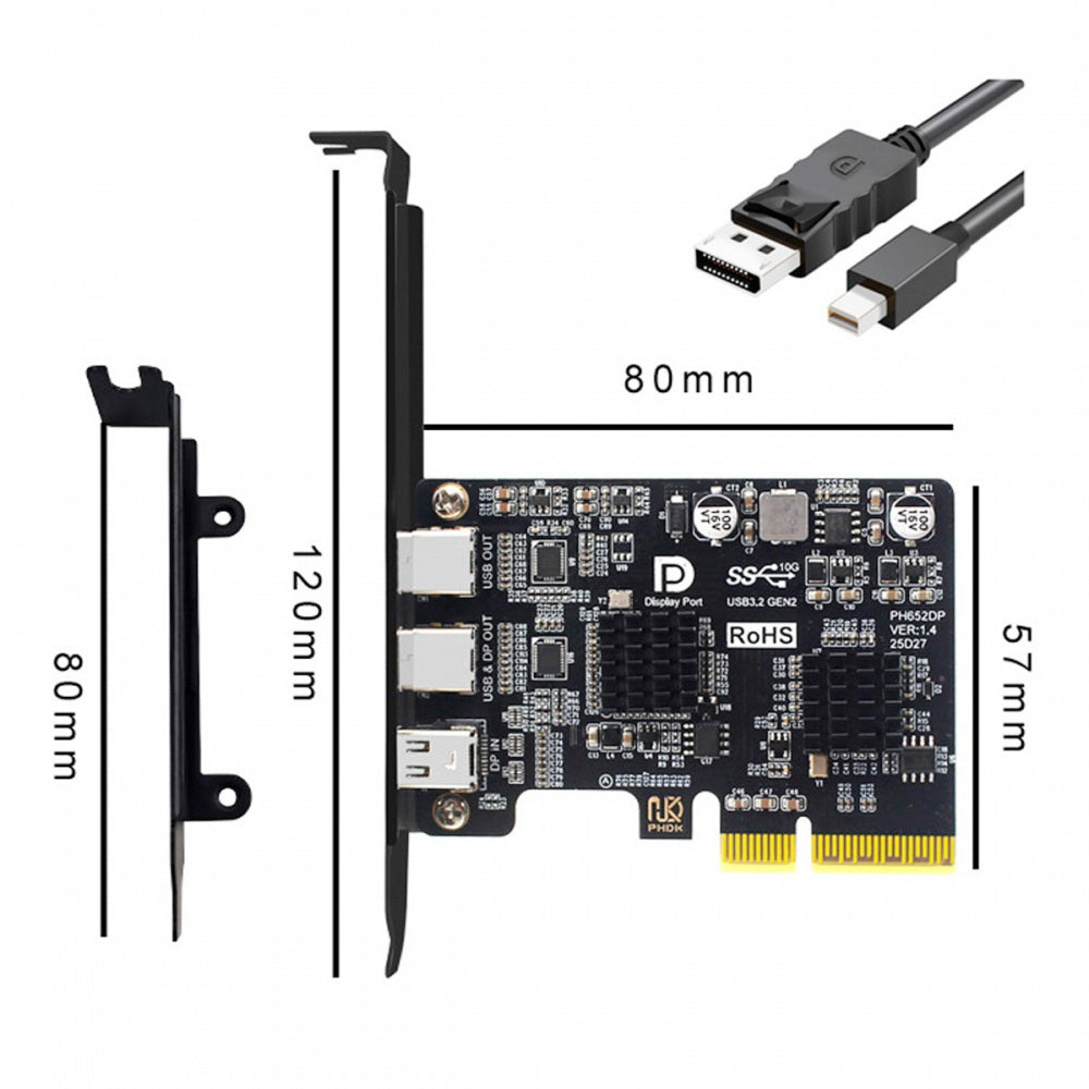 PCI-E Express 4x & Mini Displayport 1.4 Input to Dual 10Gbps USB 3.1 Type-C USB-C & 4K 60hz Output Desktop Graphics Expansion Card Adapter ASM3142