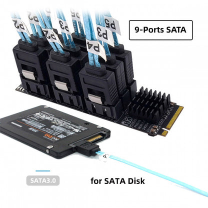NGFF NVME M-Key PCI Express M.2 to 9 Ports SATA 3.0 6Gbps Adapter Converter Hard Drive Extension Card 2280 for NAS Computer