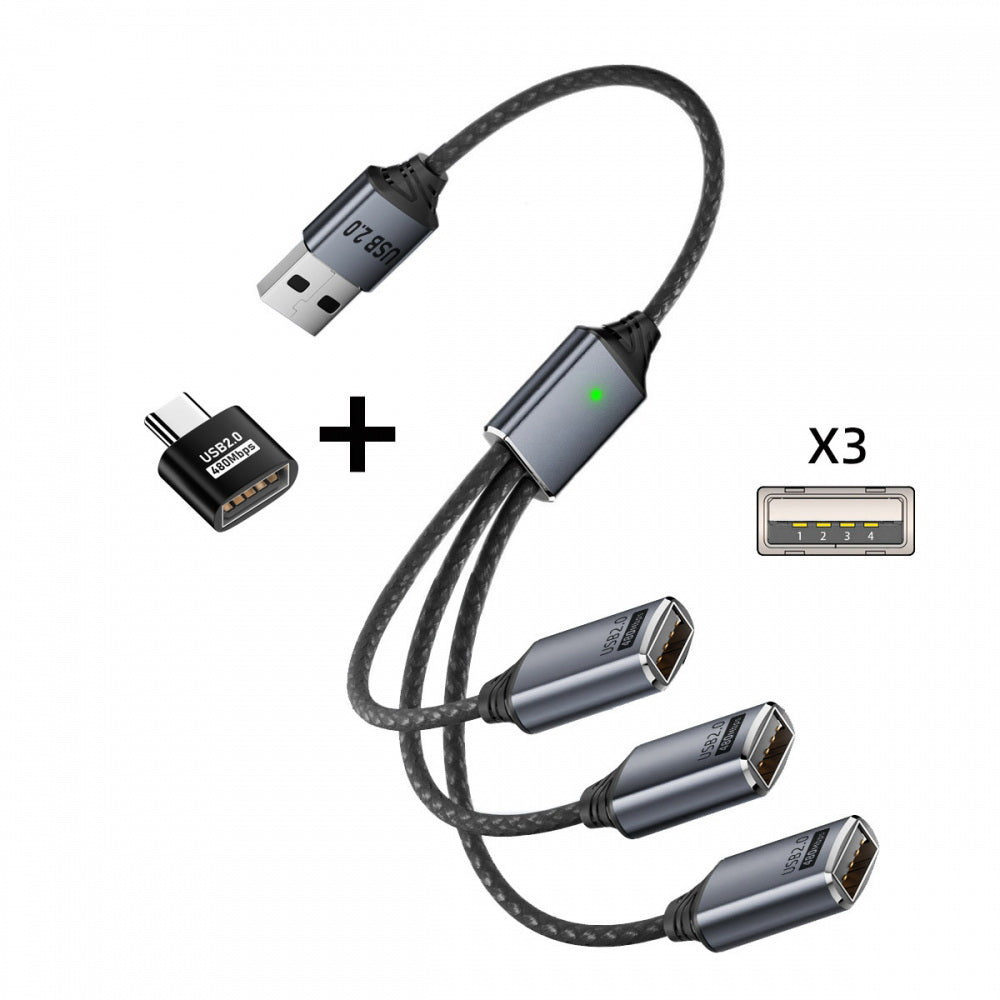 USB 2.0 Type-A to 3 Ports Hub Cable Bus Power 1 to 3 Data for Laptop Desktop Phone Mouse Keyboard Printer Disk