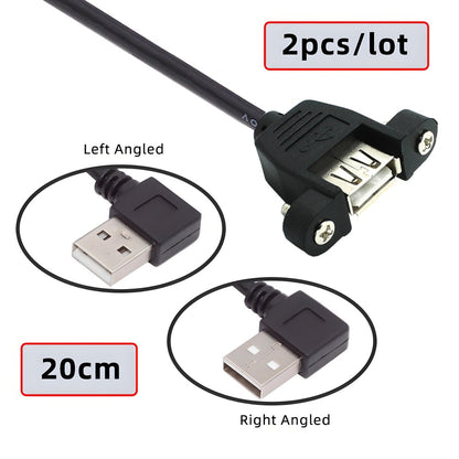 2pcs/lot Left & Right Angled Type USB 2.0 Type-A Male to USB Female Extension Cable Panel Type 90 Degree 25cm