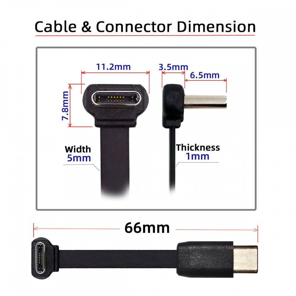 Ultra Slim Flat USB-C Type C to USB-C Power USB2.0 Data Cable 90 Degree Up Down Angled 65W Fast Charge for Laptop Tablet Phone