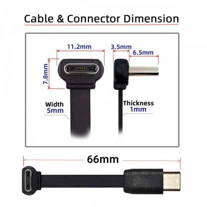 Ultra Slim Flat USB-C Type C to USB-C Power USB2.0 Data Cable 90 Degree Up Down Angled 65W Fast Charge for Laptop Tablet Phone