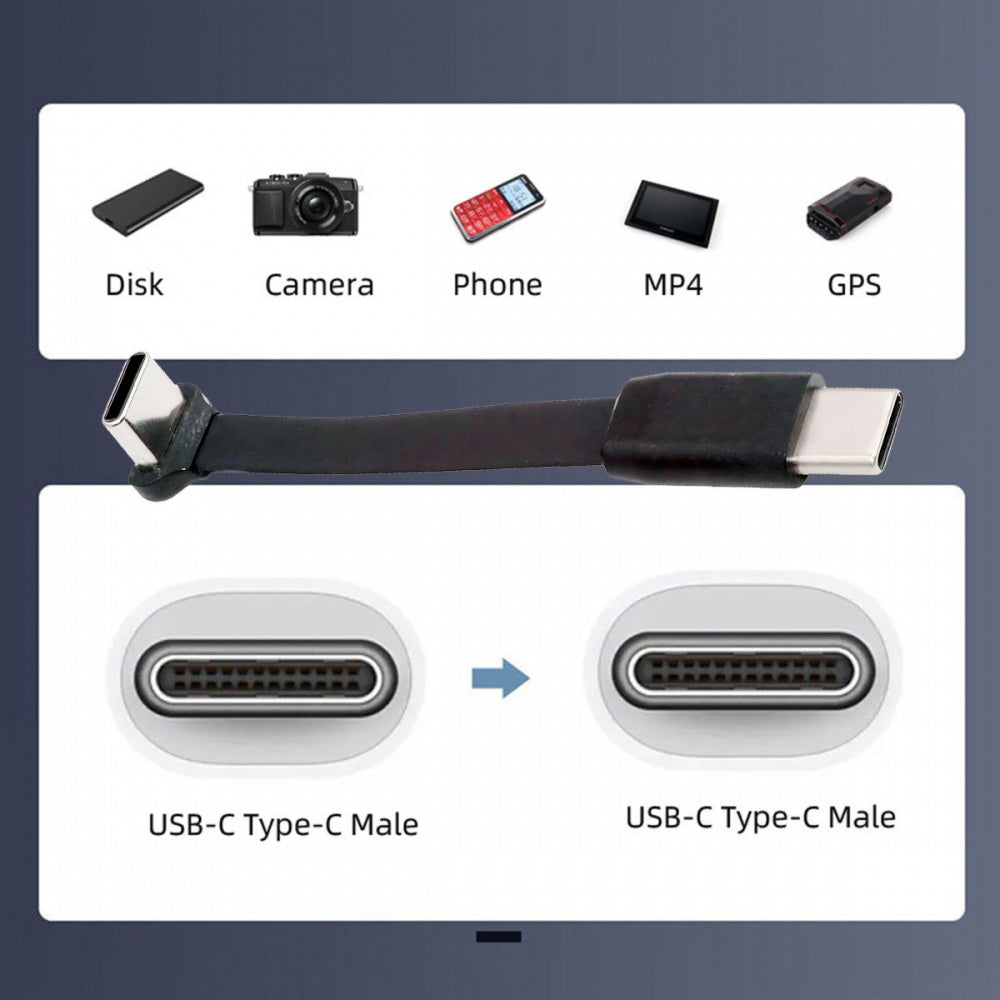 Ultra Slim Flat USB-C Type C to USB-C Power USB2.0 Data Cable 90 Degree Up Down Angled 65W Fast Charge for Laptop Tablet Phone
