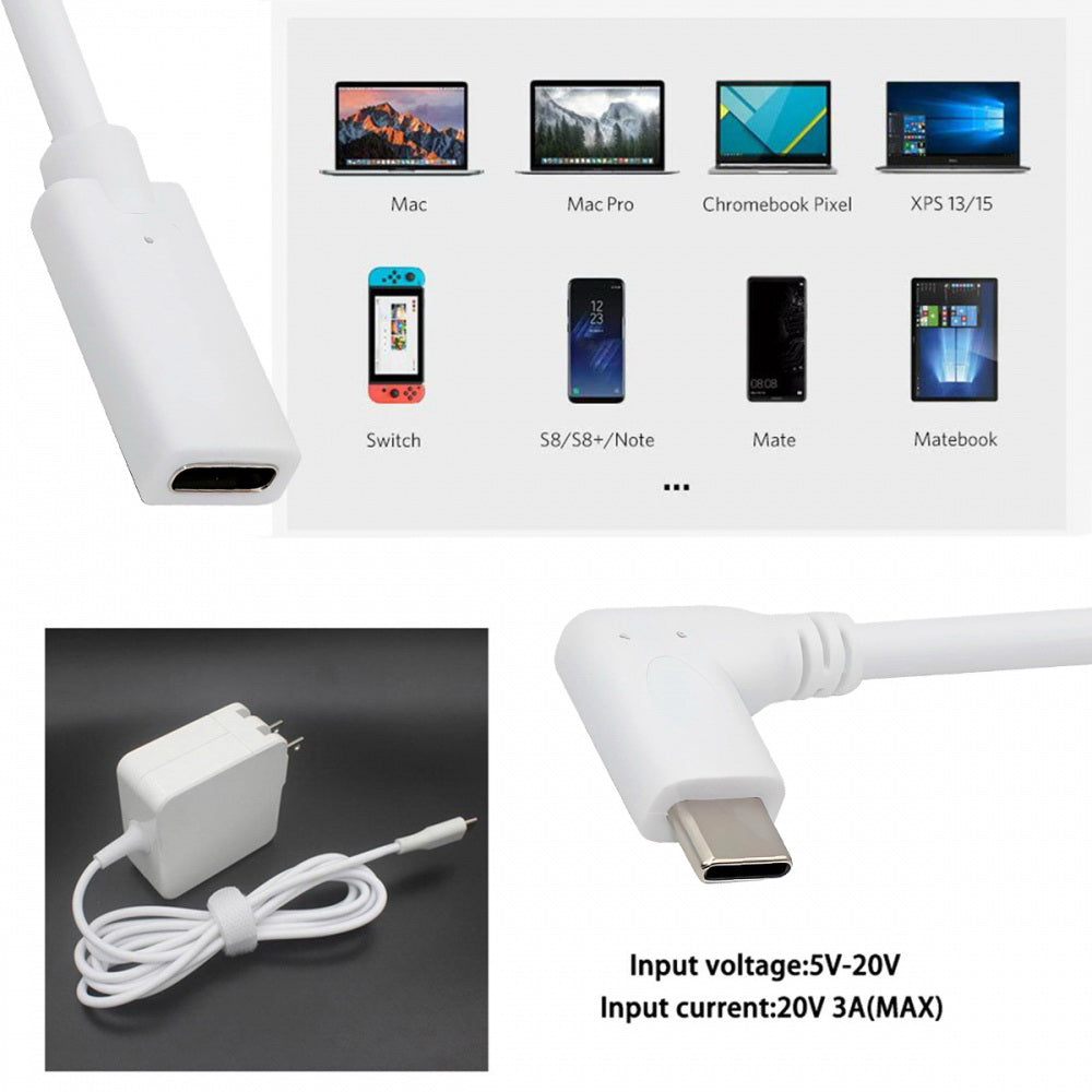 White USB-C Type-C Male to Female Extension Power USB2.0 Data Cable 90 Degree Left Right Angled 65W Fast Charge for Laptop Tablet Phone
