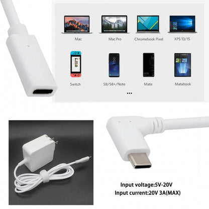 White USB-C Type-C Male to Female Extension Power USB2.0 Data Cable 90 Degree Left Right Angled 65W Fast Charge for Laptop Tablet Phone