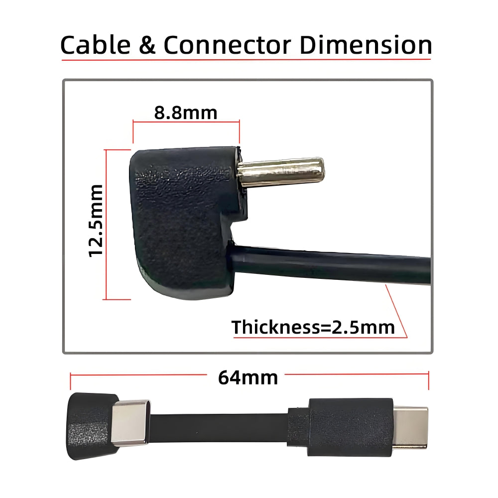 Ultra Slim Flat USB-C Type-C Male to Female Extension Power USB2.0 Data Cable Opposite U Shape Back Angled 65W Fast Charge for Laptop Tablet Phone