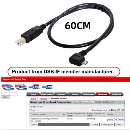 Left Angled 90 Degree Micro USB OTG to Standard B Type Cable for Printer Scanner Disk Lectronic Musical Instrument Midi Keyboard (60cm)
