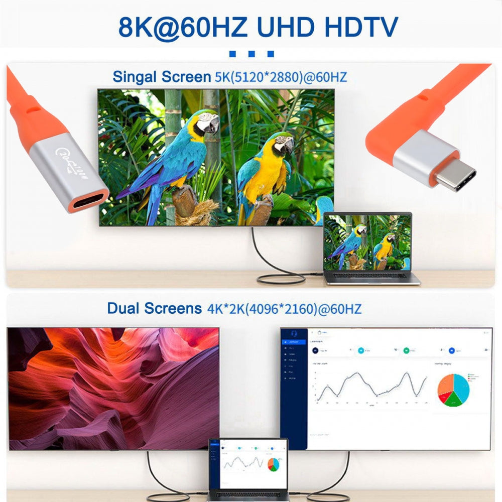 USB3.2 Male to Female Extension Cable 20Gbps 90 Degree Left Right Angled Ultra Soft High Flex with 100W and 8K 5K USB4.0 Type-C Compatible with Thunderbolt3/4