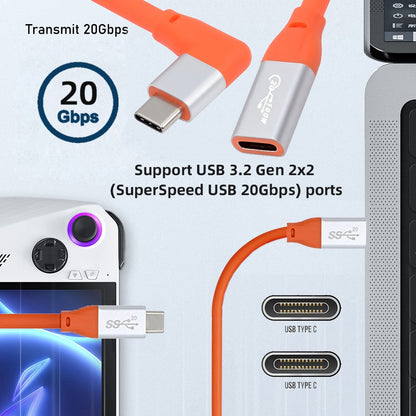 USB3.2 Male to Female Extension Cable 20Gbps 90 Degree Left Right Angled Ultra Soft High Flex with 100W and 8K 5K USB4.0 Type-C Compatible with Thunderbolt3/4