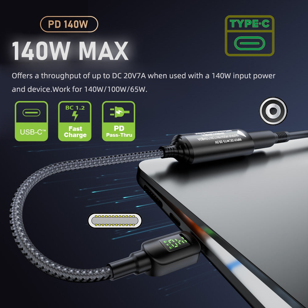 Rectangle Jack Thinkpad X1 Input to USB-C Type-C Power 140W Smart LED Display Charge Cable for Laptop Phone PD9V/5V/20V/7A