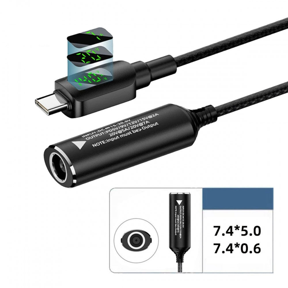 DC Jack 7.4x5.0mm Input to USB-C Type-C Power 140W Smart LED Display Charge Cable for Laptop Phone PD9V/5V/20V/7A