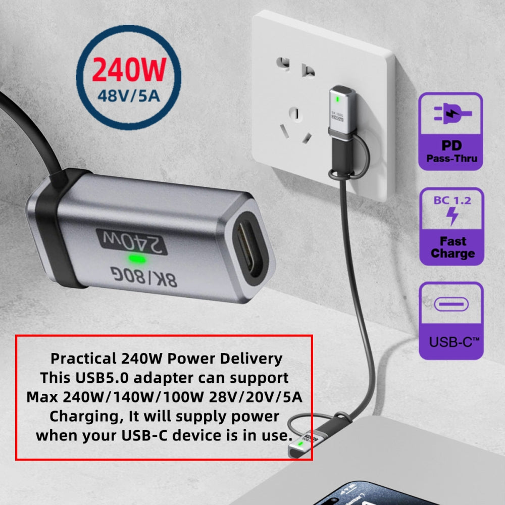 USB5.0 80Gbps Female to Female Extension Adapter with Lanyard Keychain 240W 16K 8K 5K Compatible with USB4.0 Thunderbolt3/4/5