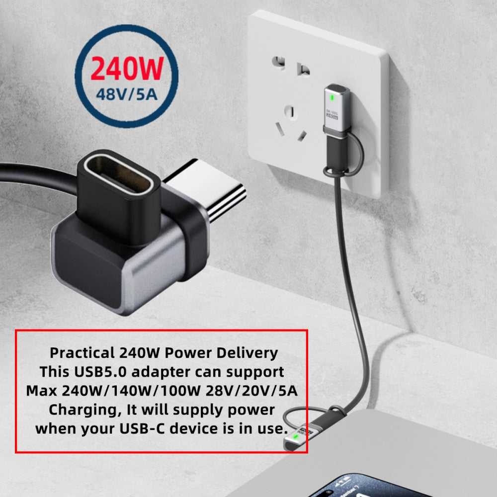 90 Degree USB5.0 80Gbps Male to Female Low Profile Down Up Angled Extension Adapter with Lanyard Keychain 240W 16K 8K 5K Compatible with USB4.0 Thunderbolt3/4/5